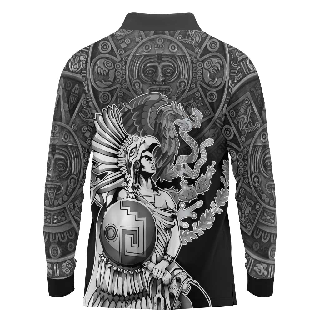 Mexico Aztec Warrior Long Sleeve Polo Shirt Huitzilopochtli With Aztec Calendar