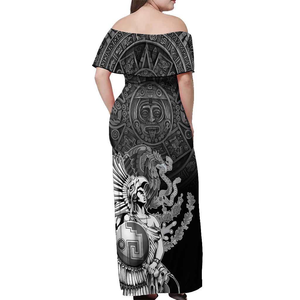 Mexico Aztec Warrior Off Shoulder Maxi Dress Huitzilopochtli With Aztec Calendar