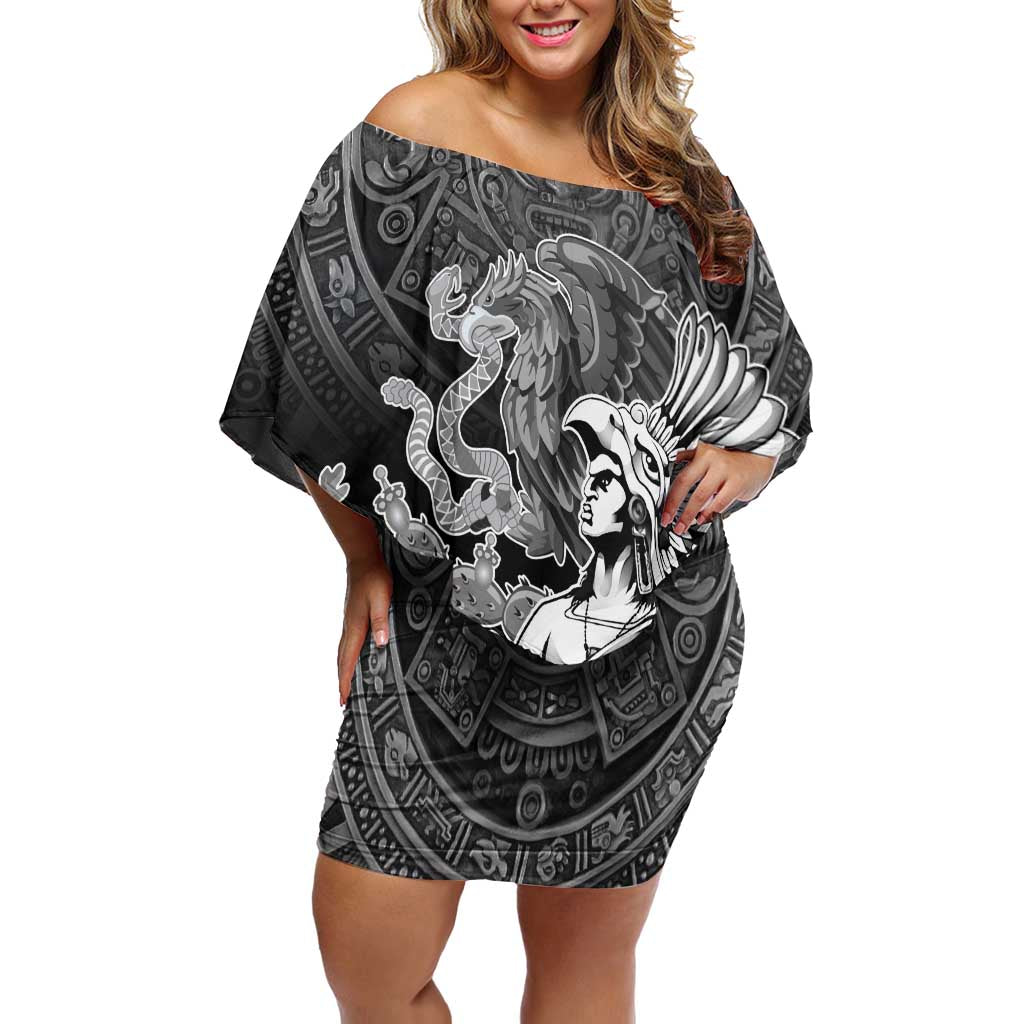 Mexico Aztec Warrior Off Shoulder Short Dress Huitzilopochtli With Aztec Calendar