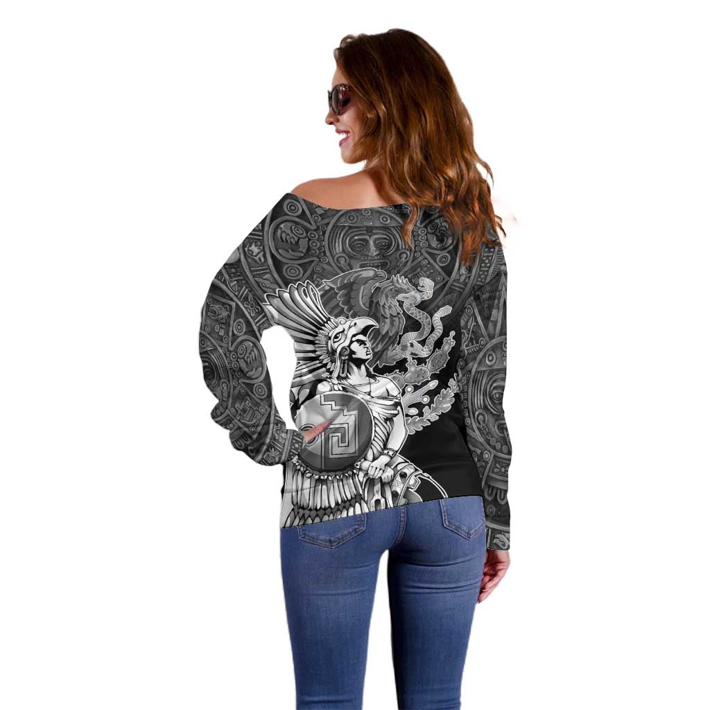 Mexico Aztec Warrior Off Shoulder Sweater Huitzilopochtli With Aztec Calendar