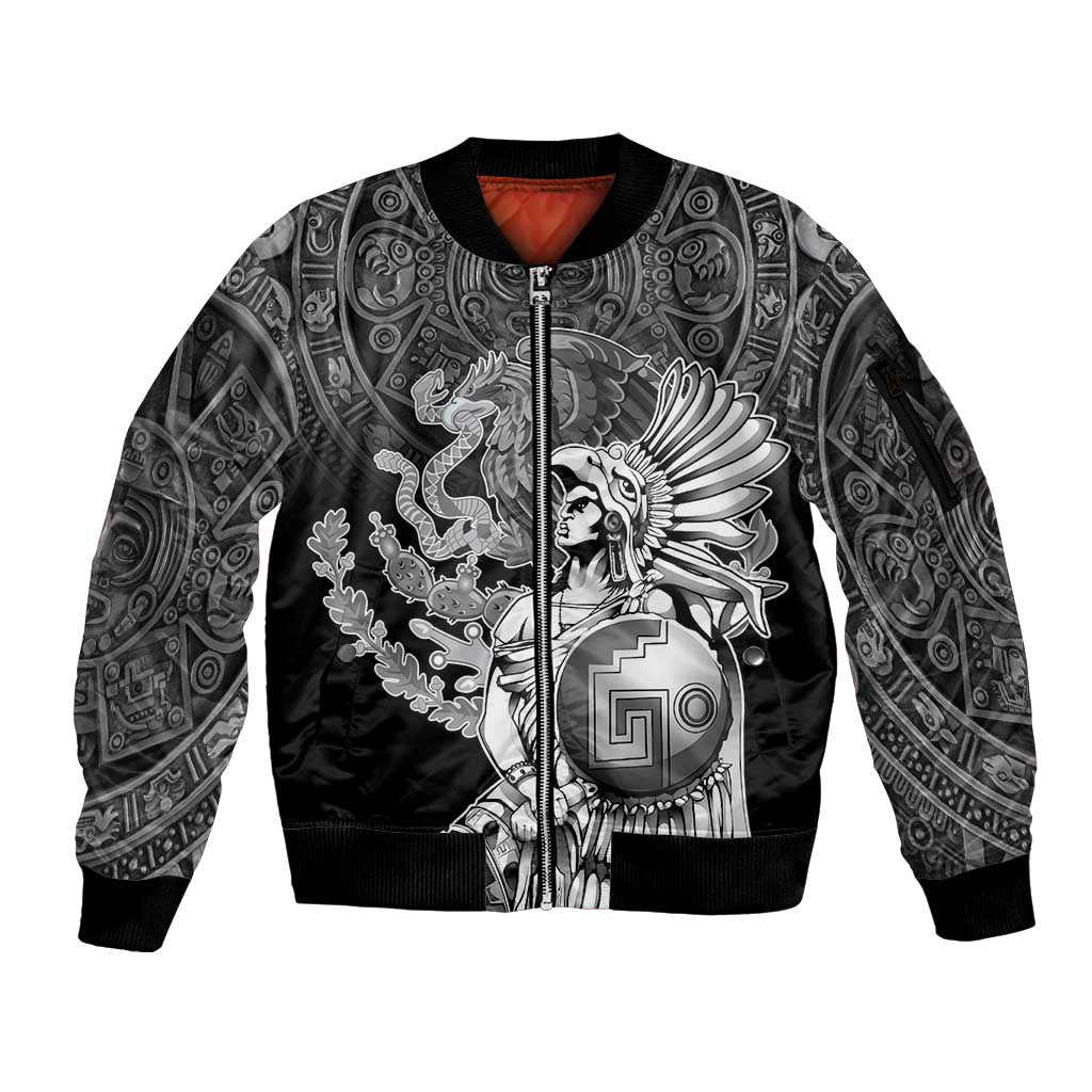 Mexico Aztec Warrior Sleeve Zip Bomber Jacket Huitzilopochtli With Aztec Calendar