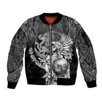 Mexico Aztec Warrior Sleeve Zip Bomber Jacket Huitzilopochtli With Aztec Calendar