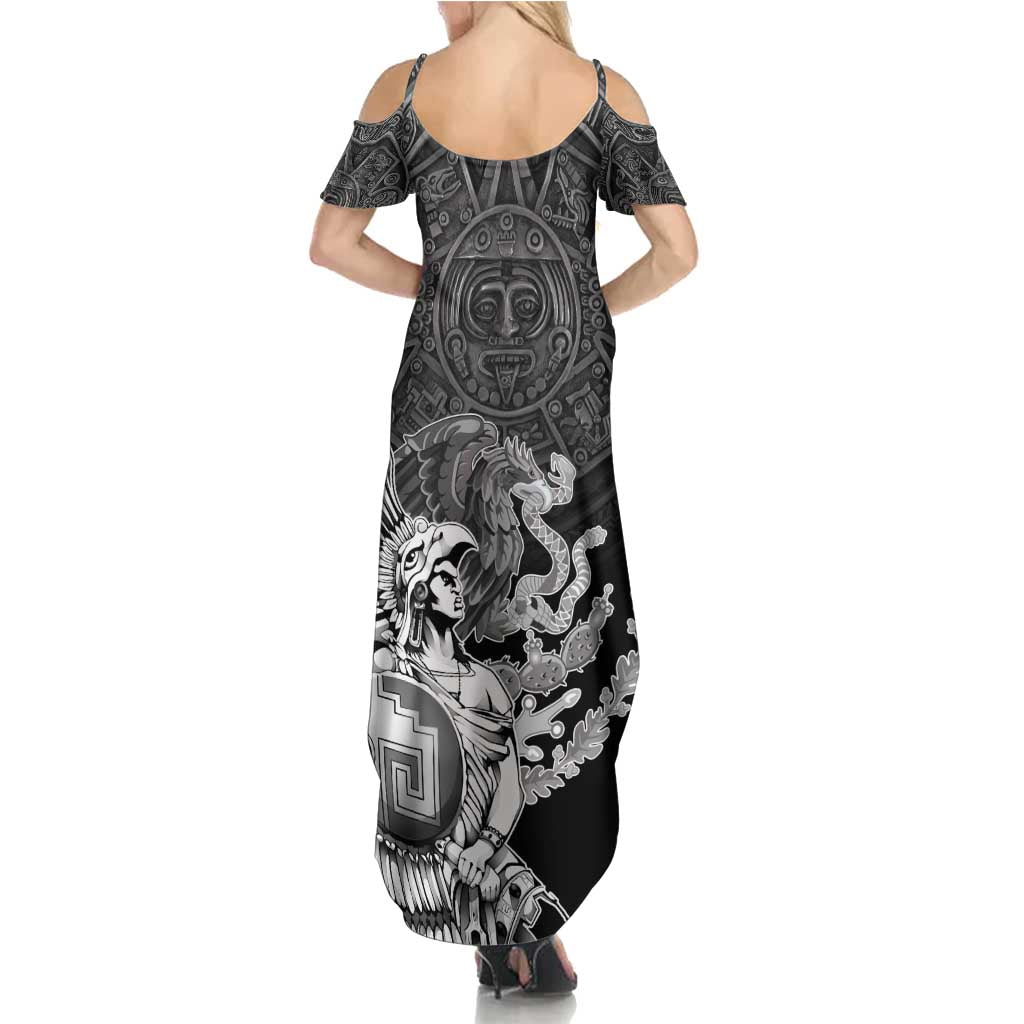 Mexico Aztec Warrior Summer Maxi Dress Huitzilopochtli With Aztec Calendar