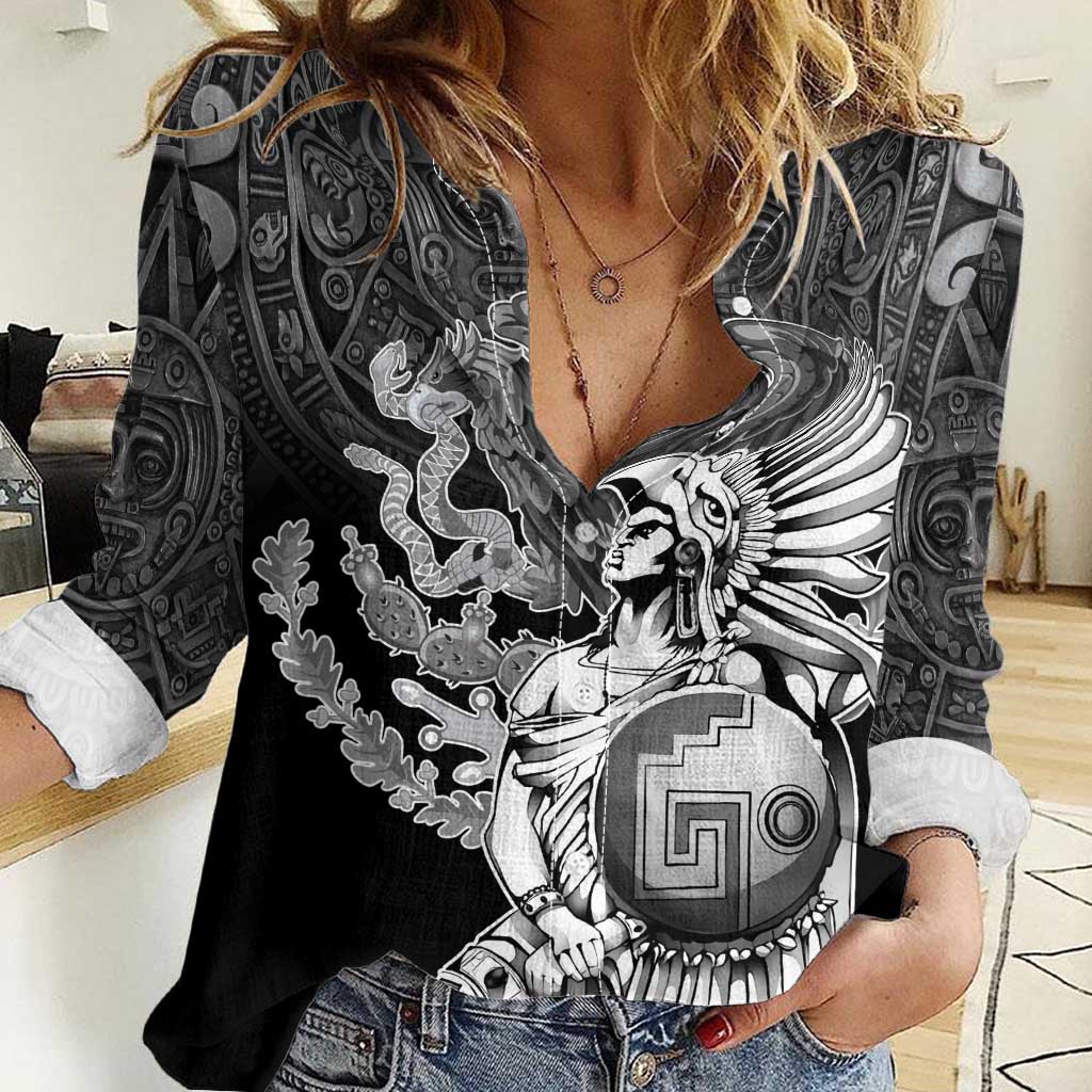 Mexico Aztec Warrior Women Casual Shirt Huitzilopochtli With Aztec Calendar
