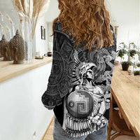 Mexico Aztec Warrior Women Casual Shirt Huitzilopochtli With Aztec Calendar