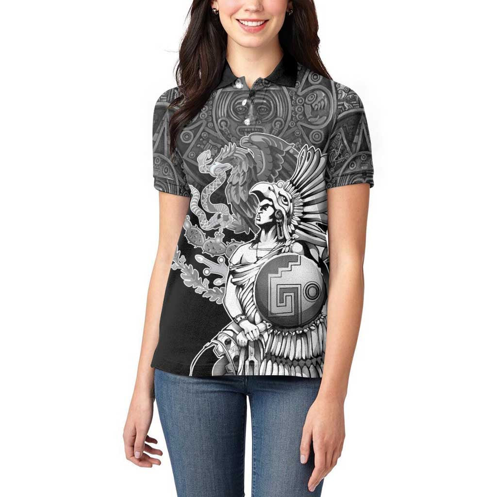 Mexico Aztec Warrior Women Polo Shirt Huitzilopochtli With Aztec Calendar