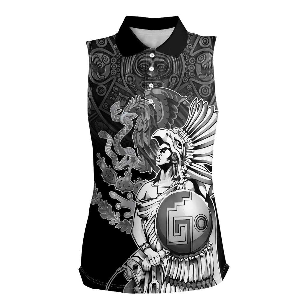 Mexico Aztec Warrior Women Sleeveless Polo Shirt Huitzilopochtli With Aztec Calendar