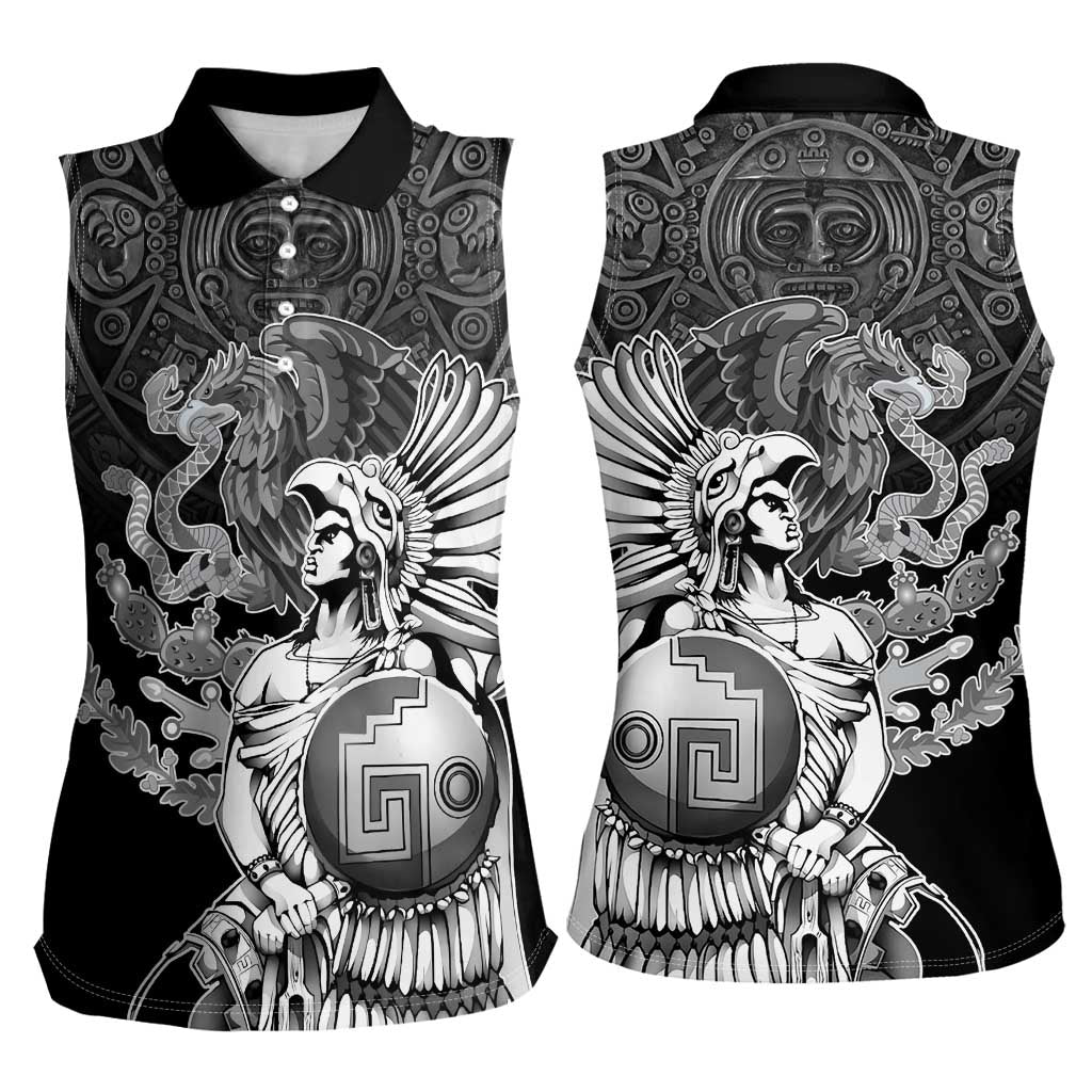 Mexico Aztec Warrior Women Sleeveless Polo Shirt Huitzilopochtli With Aztec Calendar