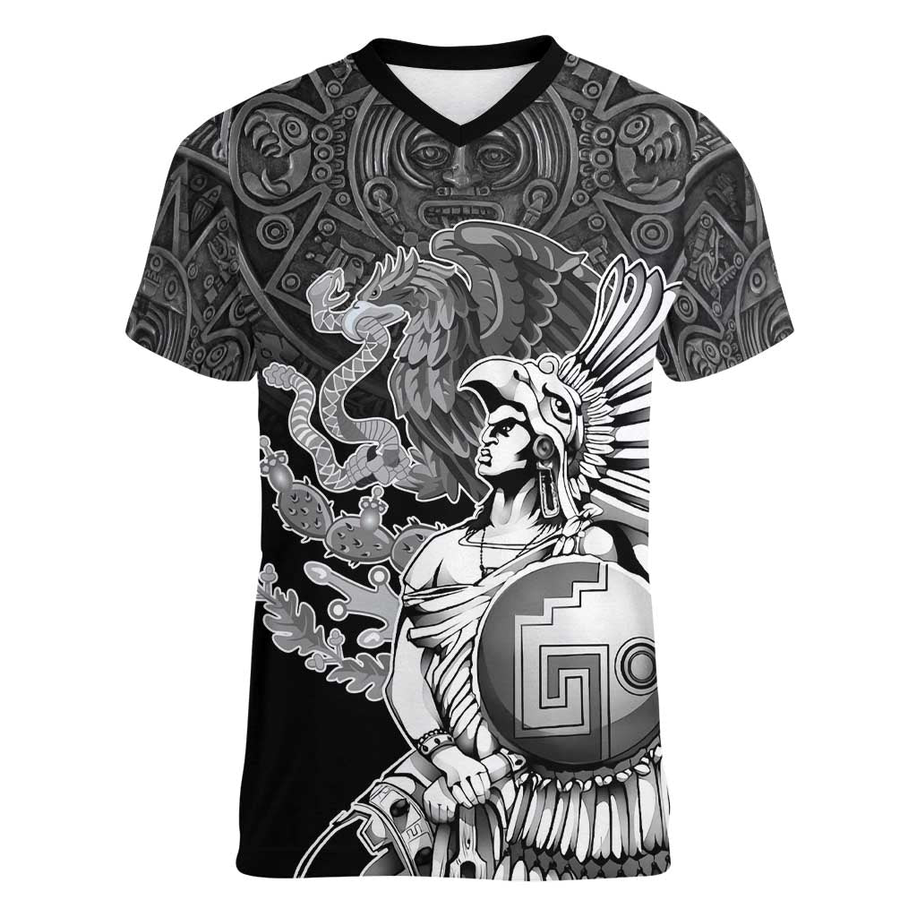 Mexico Aztec Warrior Women V-Neck T-Shirt Huitzilopochtli With Aztec Calendar
