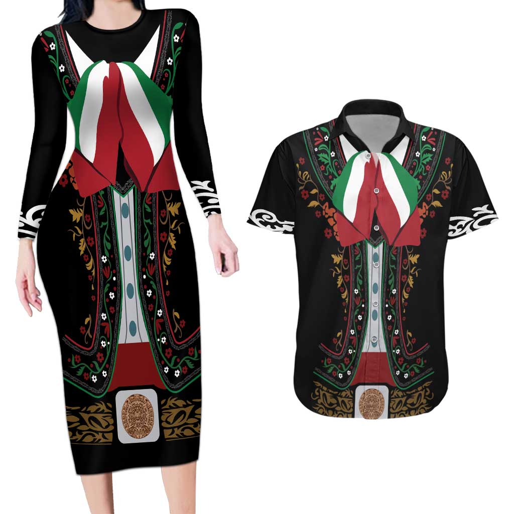 Mexico Cinco de Mayo Couples Matching Long Sleeve Bodycon Dress and Hawaiian Shirt Charro Suit Style