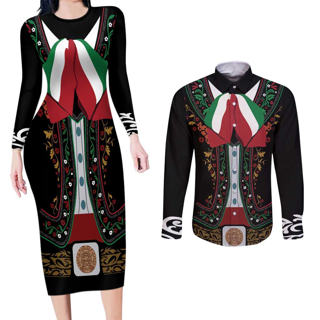 Mexico Cinco de Mayo Couples Matching Long Sleeve Bodycon Dress and Long Sleeve Button Shirt Charro Suit Style