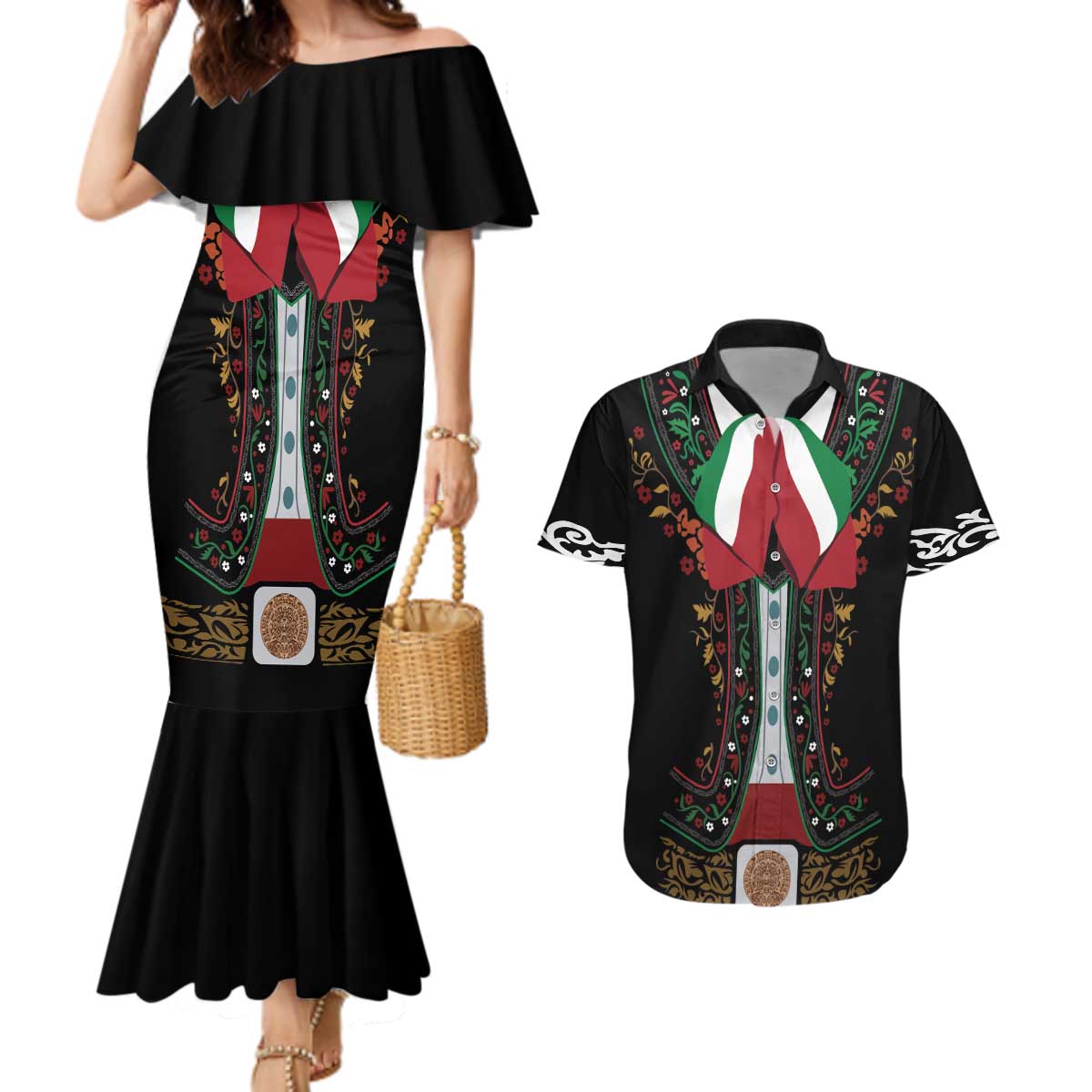 Mexico Cinco de Mayo Couples Matching Mermaid Dress and Hawaiian Shirt Charro Suit Style