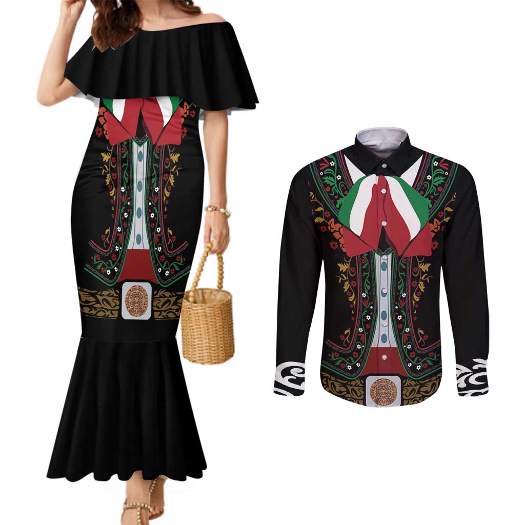 Mexico Cinco de Mayo Couples Matching Mermaid Dress and Long Sleeve Button Shirt Charro Suit Style