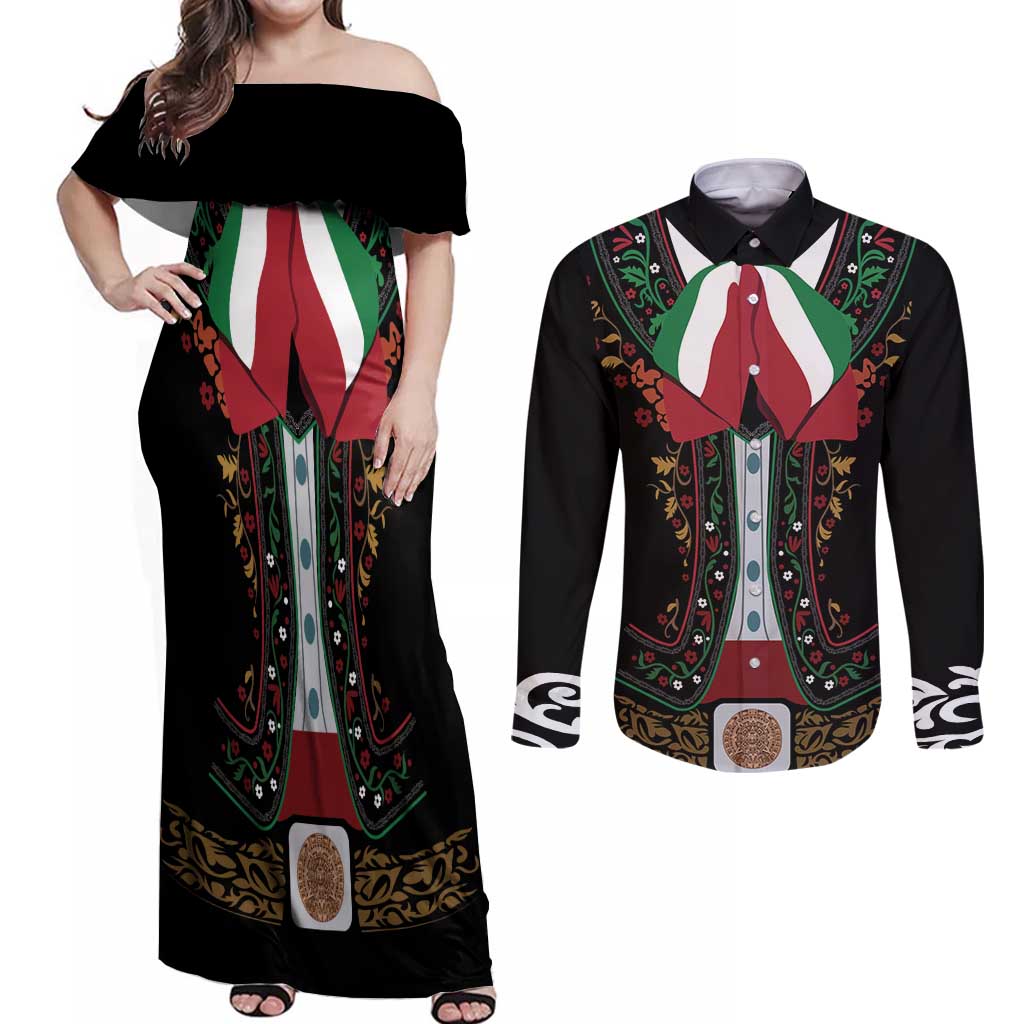 Mexico Cinco de Mayo Couples Matching Off Shoulder Maxi Dress and Long Sleeve Button Shirt Charro Suit Style