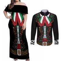 Mexico Cinco de Mayo Couples Matching Off Shoulder Maxi Dress and Long Sleeve Button Shirt Charro Suit Style