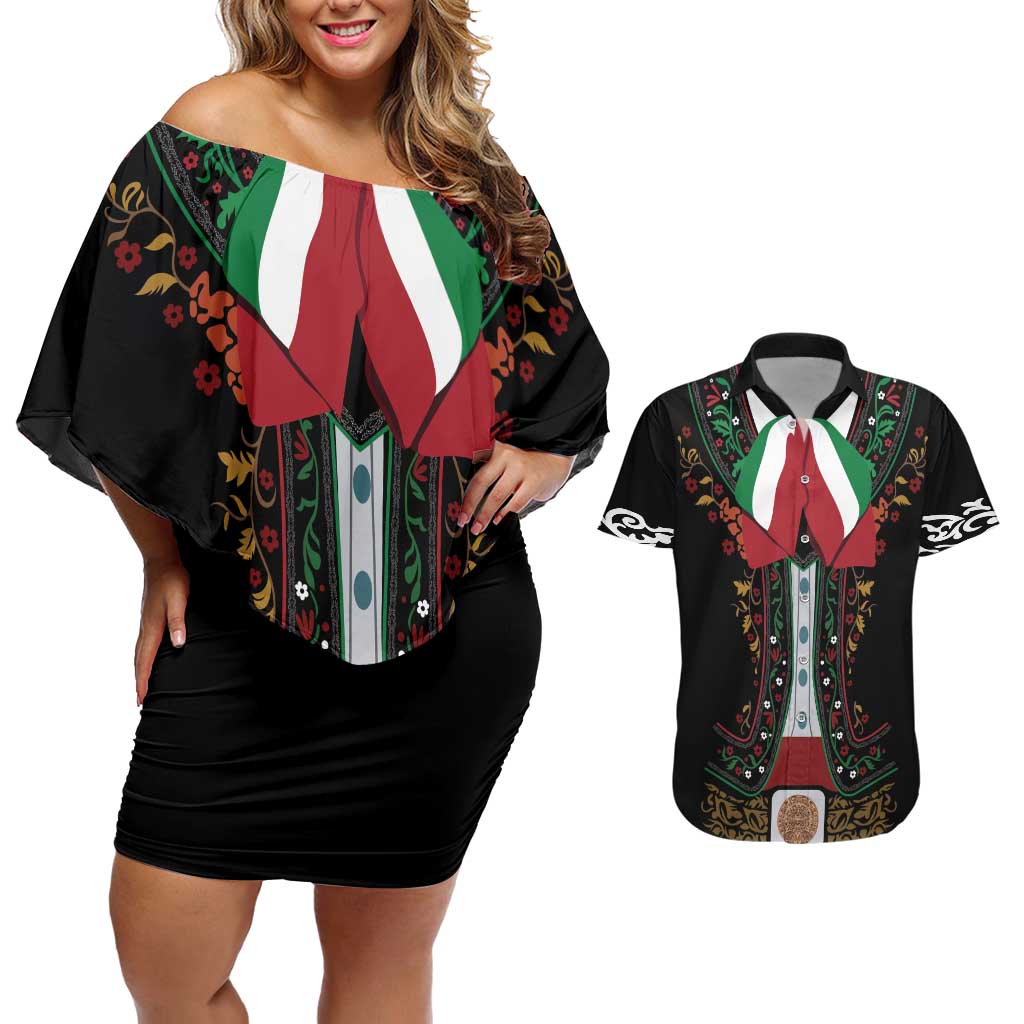 Mexico Cinco de Mayo Couples Matching Off Shoulder Short Dress and Hawaiian Shirt Charro Suit Style