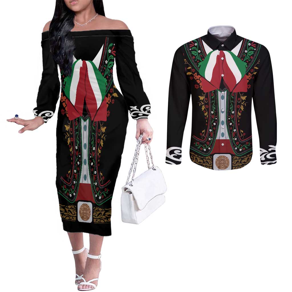 Mexico Cinco de Mayo Couples Matching Off The Shoulder Long Sleeve Dress and Long Sleeve Button Shirt Charro Suit Style