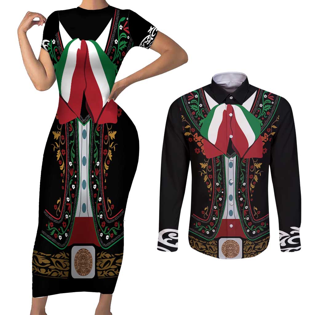 Mexico Cinco de Mayo Couples Matching Short Sleeve Bodycon Dress and Long Sleeve Button Shirt Charro Suit Style