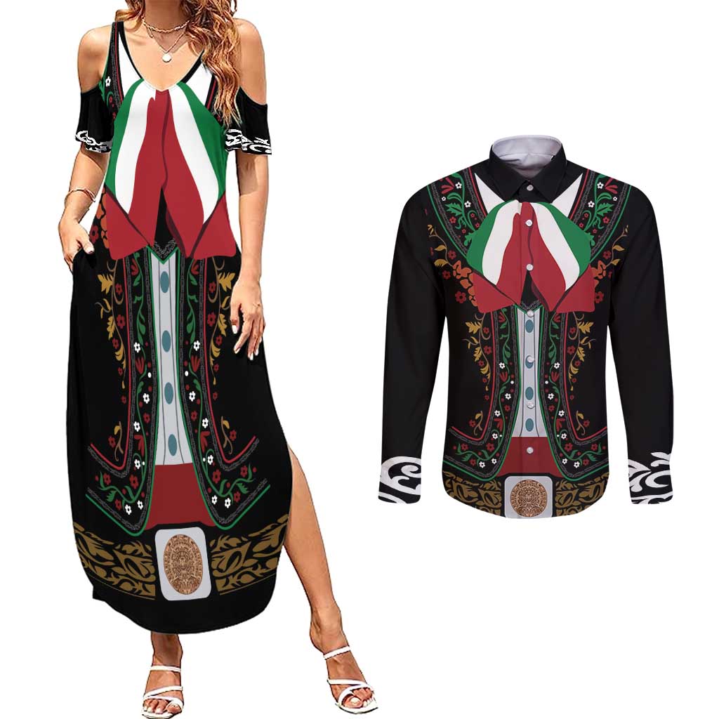 Mexico Cinco de Mayo Couples Matching Summer Maxi Dress and Long Sleeve Button Shirt Charro Suit Style