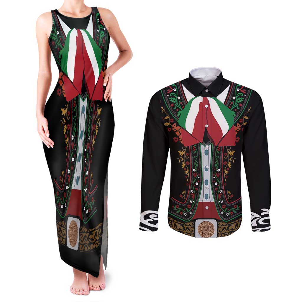 Mexico Cinco de Mayo Couples Matching Tank Maxi Dress and Long Sleeve Button Shirt Charro Suit Style