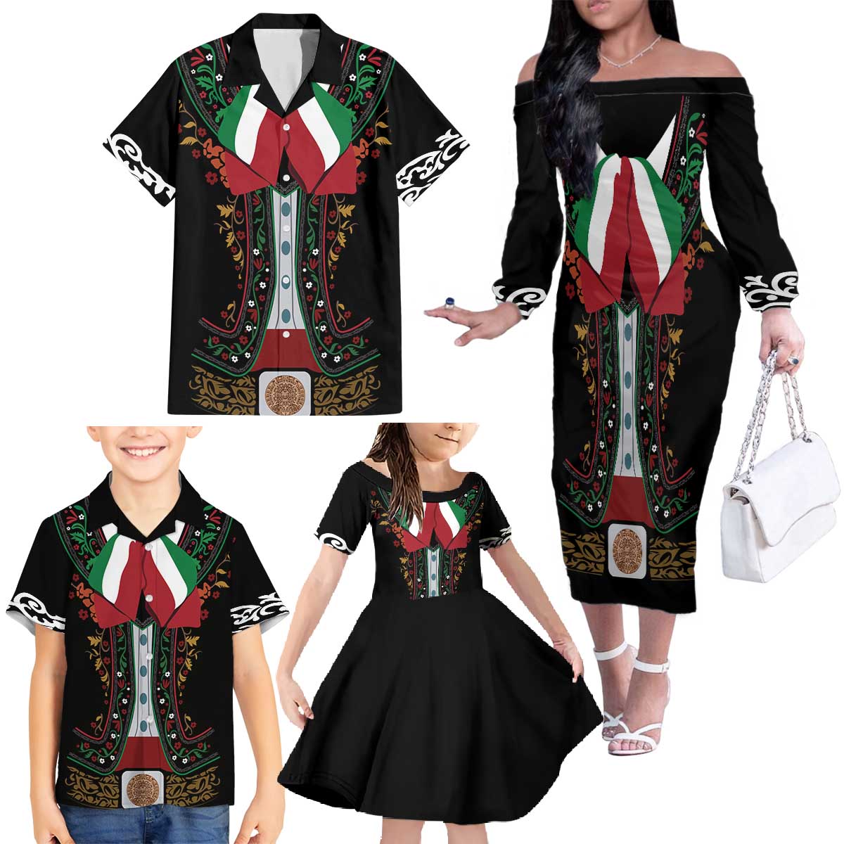 Mexico Cinco de Mayo Family Matching Off The Shoulder Long Sleeve Dress and Hawaiian Shirt Charro Suit Style