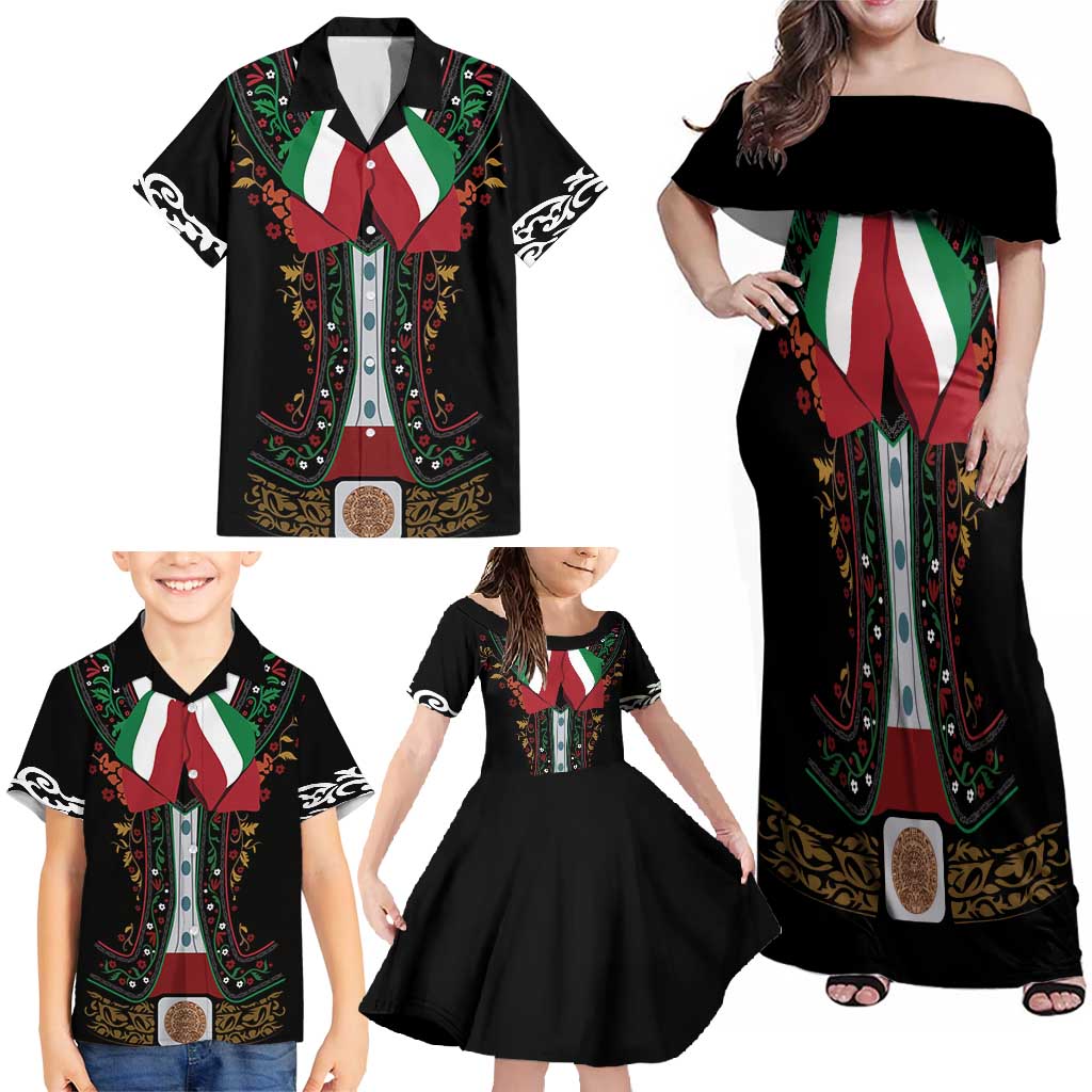 Mexico Cinco de Mayo Family Matching Off Shoulder Maxi Dress and Hawaiian Shirt Charro Suit Style