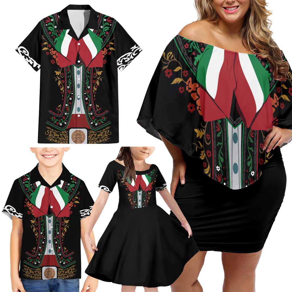 Mexico Cinco de Mayo Family Matching Off Shoulder Short Dress and Hawaiian Shirt Charro Suit Style