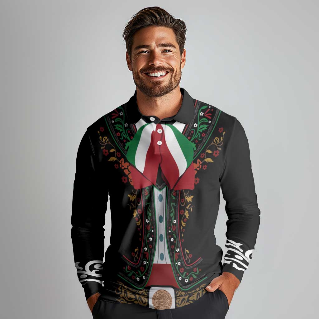 Mexico Cinco de Mayo Long Sleeve Polo Shirt Charro Suit Style