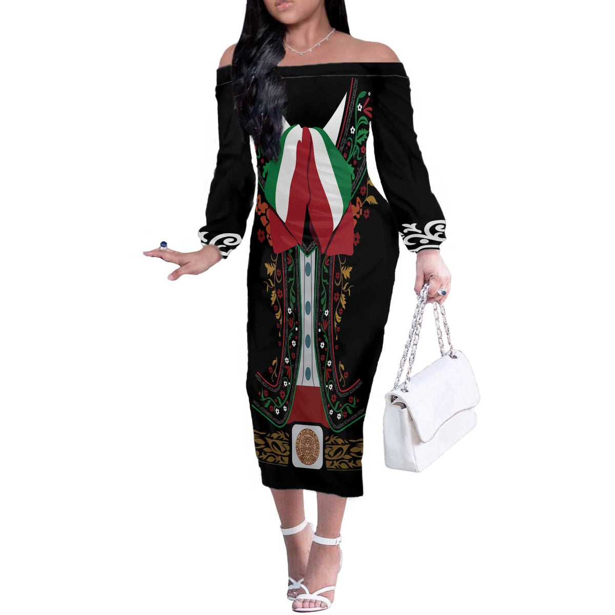 Mexico Cinco de Mayo Off The Shoulder Long Sleeve Dress Charro Suit Style