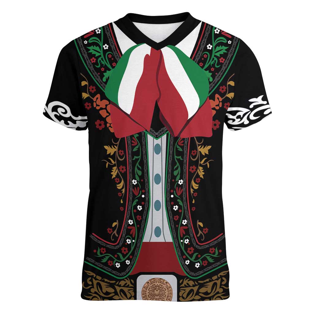 Mexico Cinco de Mayo Women V-Neck T-Shirt Charro Suit Style