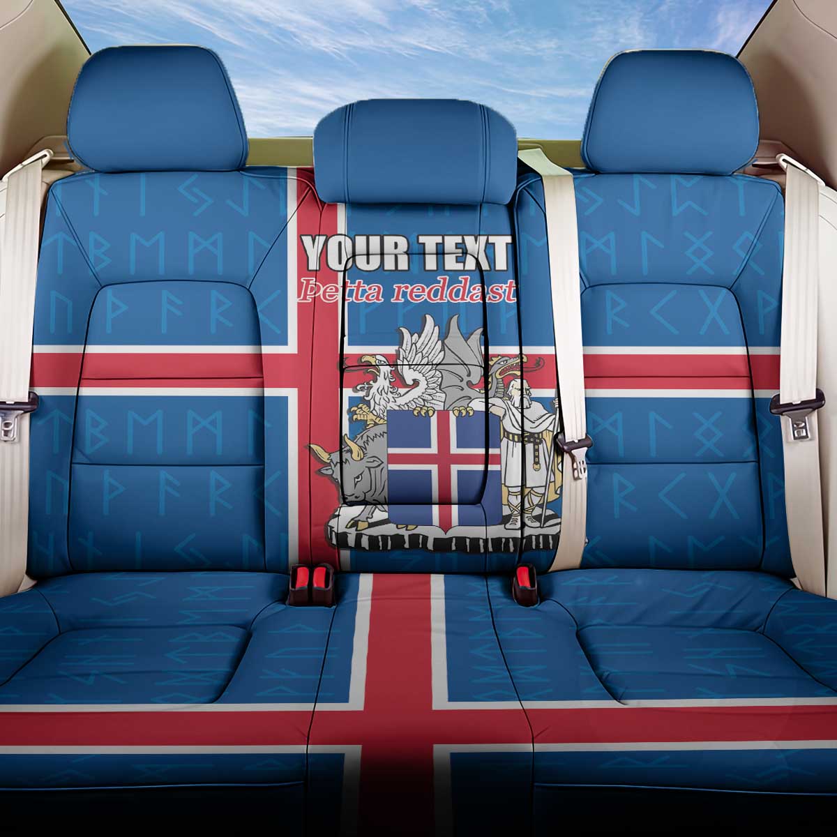 Personalized Iceland Coat of Arms Back Car Seat Cover Runic Alphabet Viking Runes Pattern