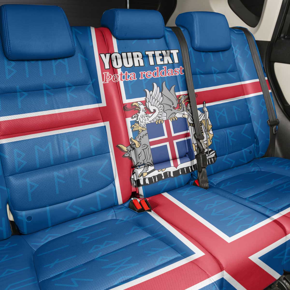 Personalized Iceland Coat of Arms Back Car Seat Cover Runic Alphabet Viking Runes Pattern