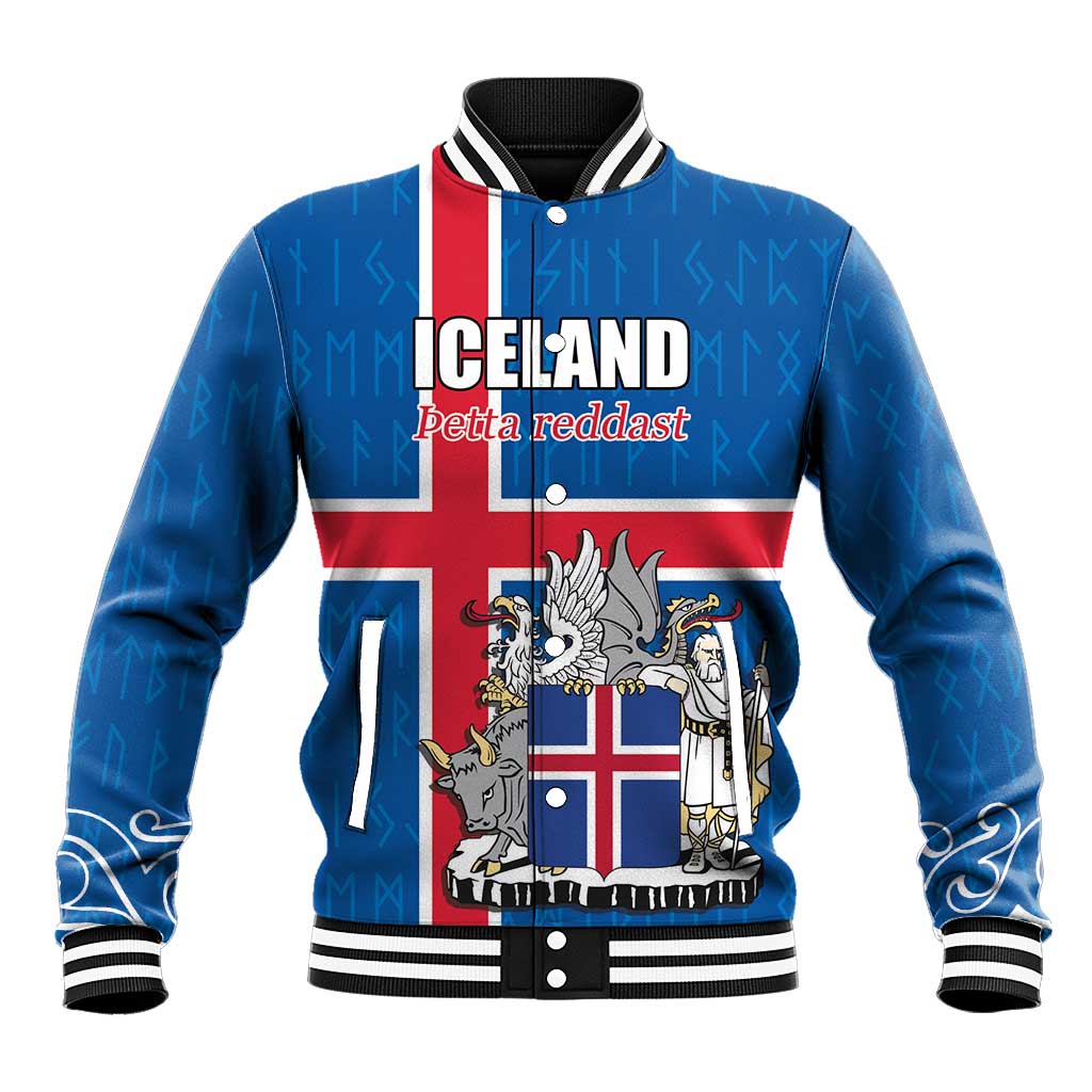 Personalized Iceland Coat of Arms Baseball Jacket Runic Alphabet Viking Runes Pattern
