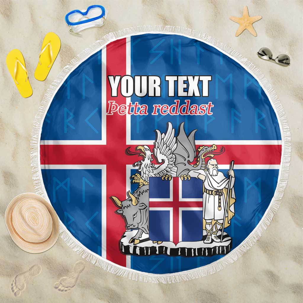 Personalized Iceland Coat of Arms Beach Blanket Runic Alphabet Viking Runes Pattern