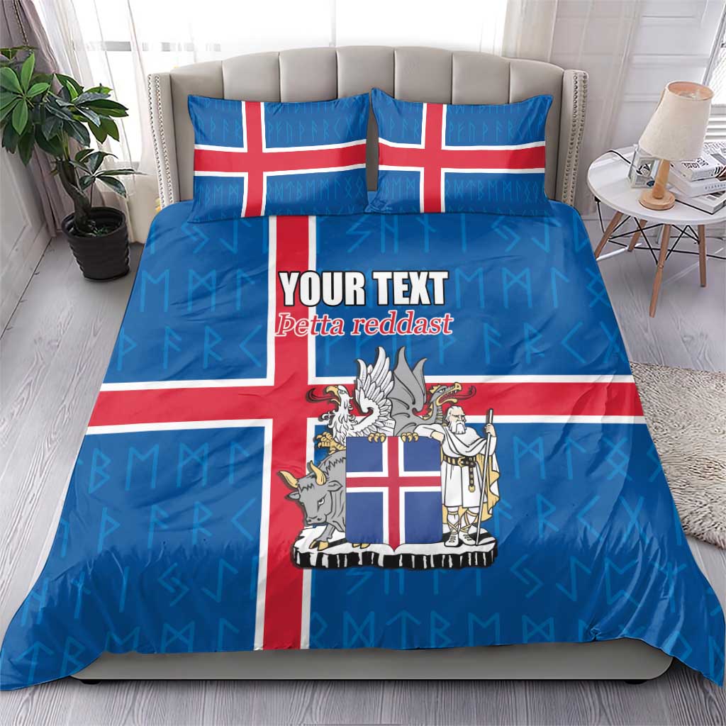Personalized Iceland Coat of Arms Bedding Set Runic Alphabet Viking Runes Pattern