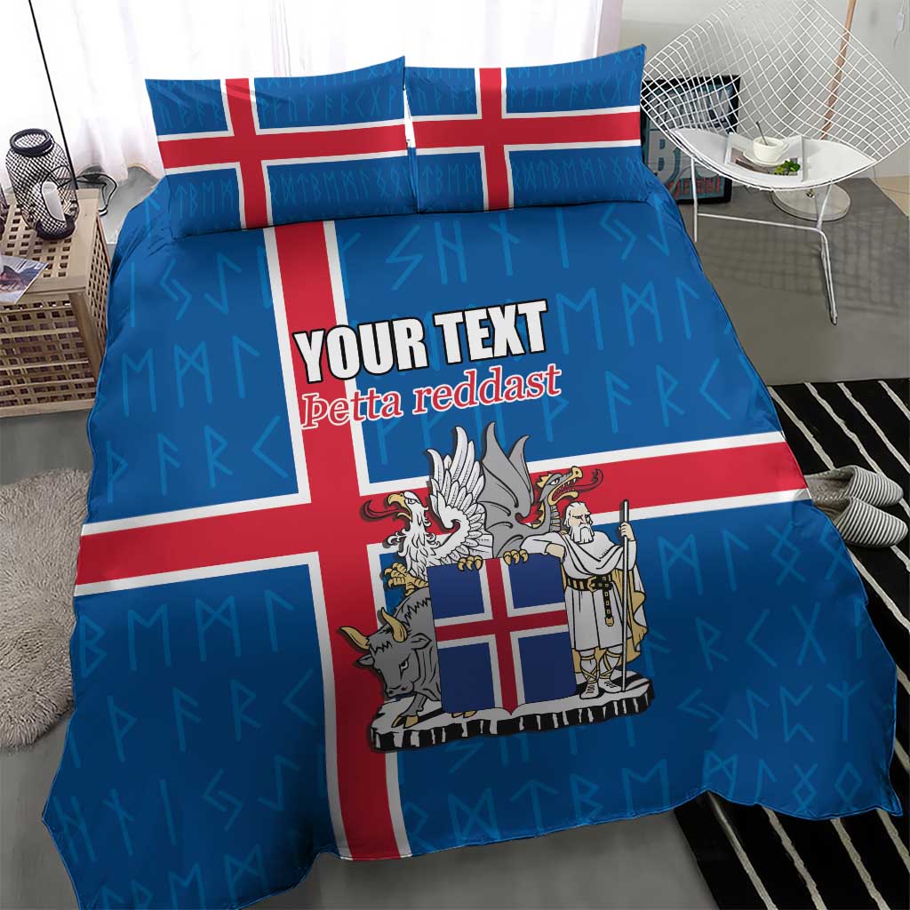 Personalized Iceland Coat of Arms Bedding Set Runic Alphabet Viking Runes Pattern
