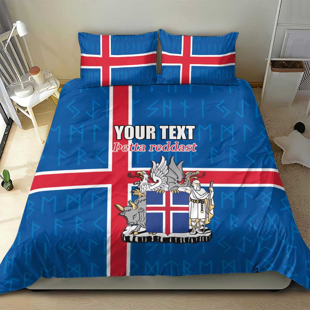 Personalized Iceland Coat of Arms Bedding Set Runic Alphabet Viking Runes Pattern