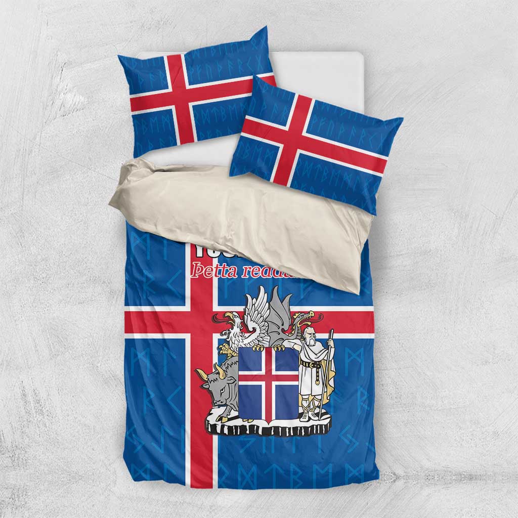 Personalized Iceland Coat of Arms Bedding Set Runic Alphabet Viking Runes Pattern