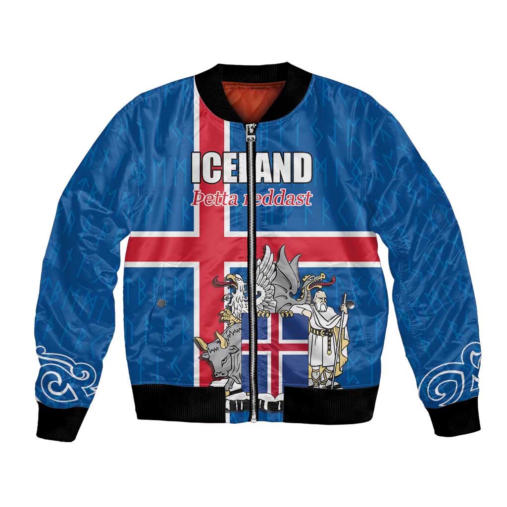 Personalized Iceland Coat of Arms Bomber Jacket Runic Alphabet Viking Runes Pattern