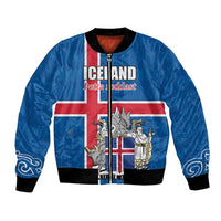 Personalized Iceland Coat of Arms Bomber Jacket Runic Alphabet Viking Runes Pattern