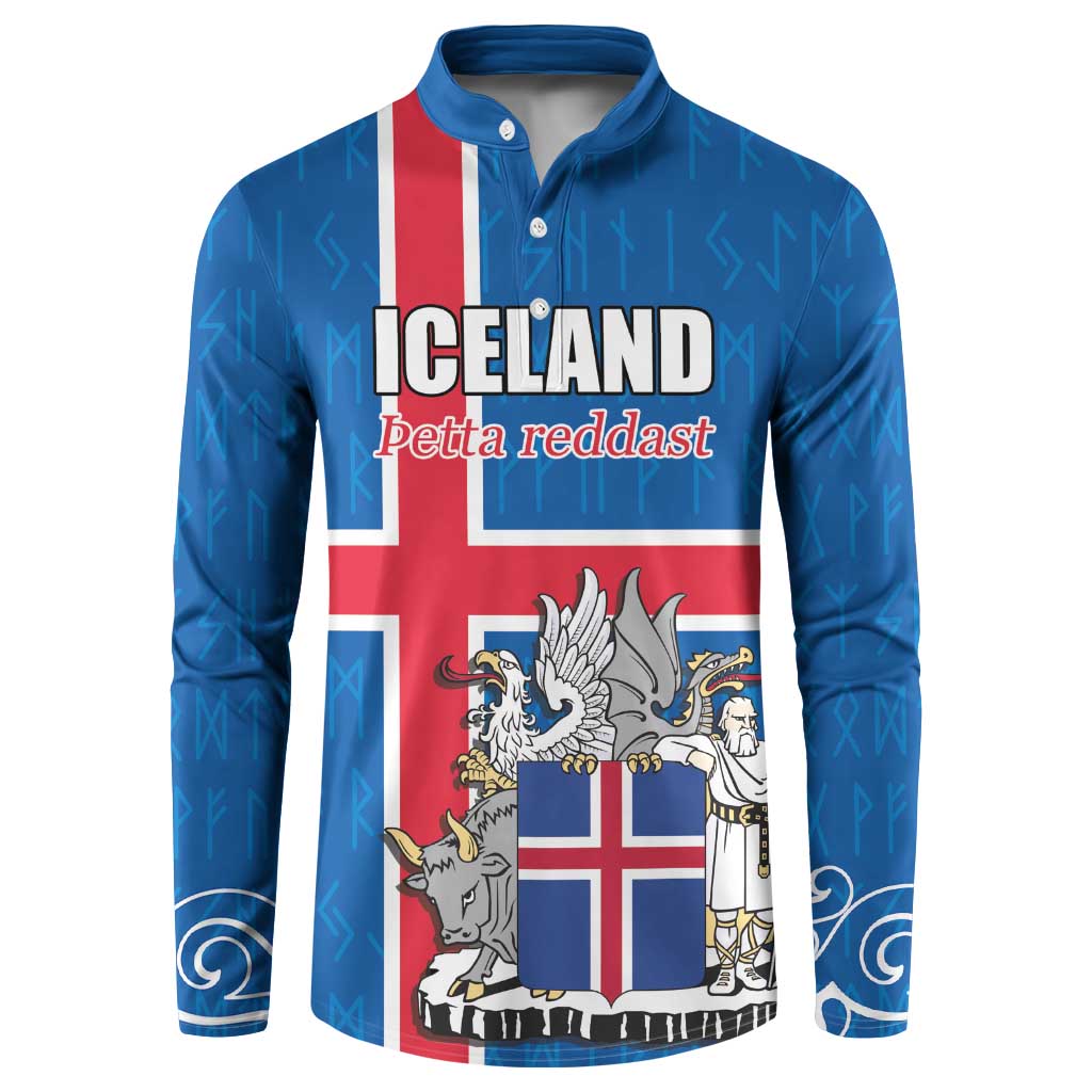 Personalized Iceland Coat of Arms Button Sweatshirt Runic Alphabet Viking Runes Pattern
