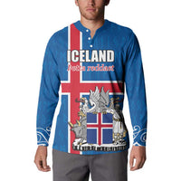Personalized Iceland Coat of Arms Button Sweatshirt Runic Alphabet Viking Runes Pattern