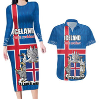 Personalized Iceland Coat of Arms Couples Matching Long Sleeve Bodycon Dress and Hawaiian Shirt Runic Alphabet Viking Runes Pattern