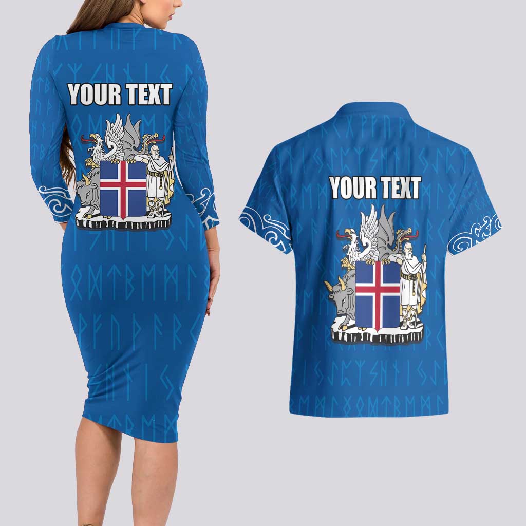 Personalized Iceland Coat of Arms Couples Matching Long Sleeve Bodycon Dress and Hawaiian Shirt Runic Alphabet Viking Runes Pattern