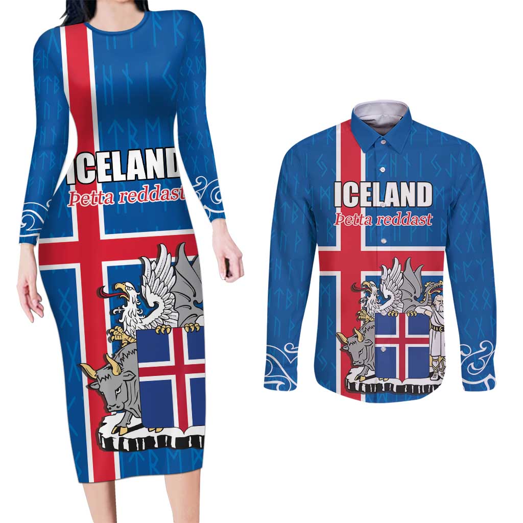 Personalized Iceland Coat of Arms Couples Matching Long Sleeve Bodycon Dress and Long Sleeve Button Shirt Runic Alphabet Viking Runes Pattern