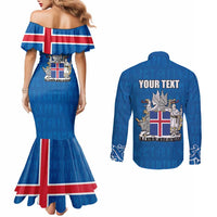 Personalized Iceland Coat of Arms Couples Matching Mermaid Dress and Long Sleeve Button Shirt Runic Alphabet Viking Runes Pattern