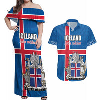 Personalized Iceland Coat of Arms Couples Matching Off Shoulder Maxi Dress and Hawaiian Shirt Runic Alphabet Viking Runes Pattern