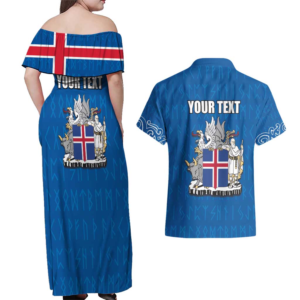 Personalized Iceland Coat of Arms Couples Matching Off Shoulder Maxi Dress and Hawaiian Shirt Runic Alphabet Viking Runes Pattern