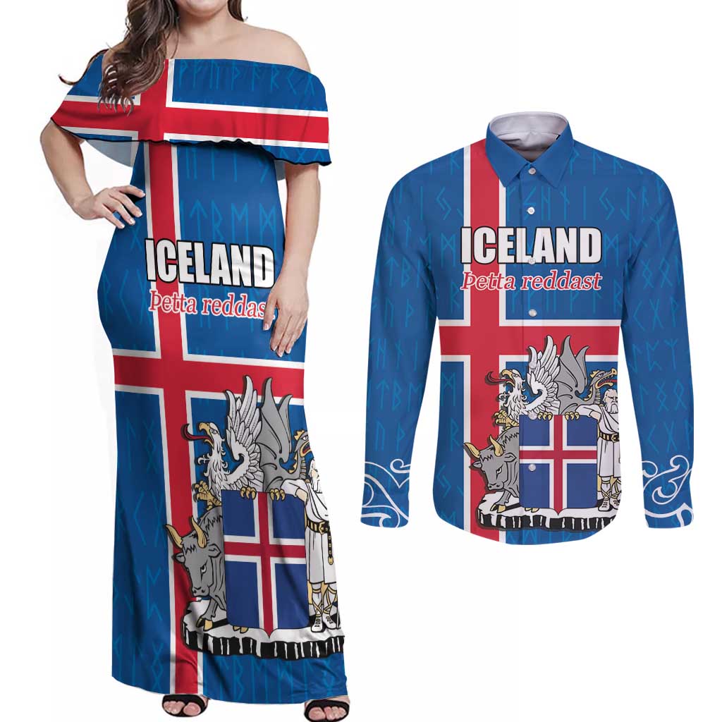 Personalized Iceland Coat of Arms Couples Matching Off Shoulder Maxi Dress and Long Sleeve Button Shirt Runic Alphabet Viking Runes Pattern
