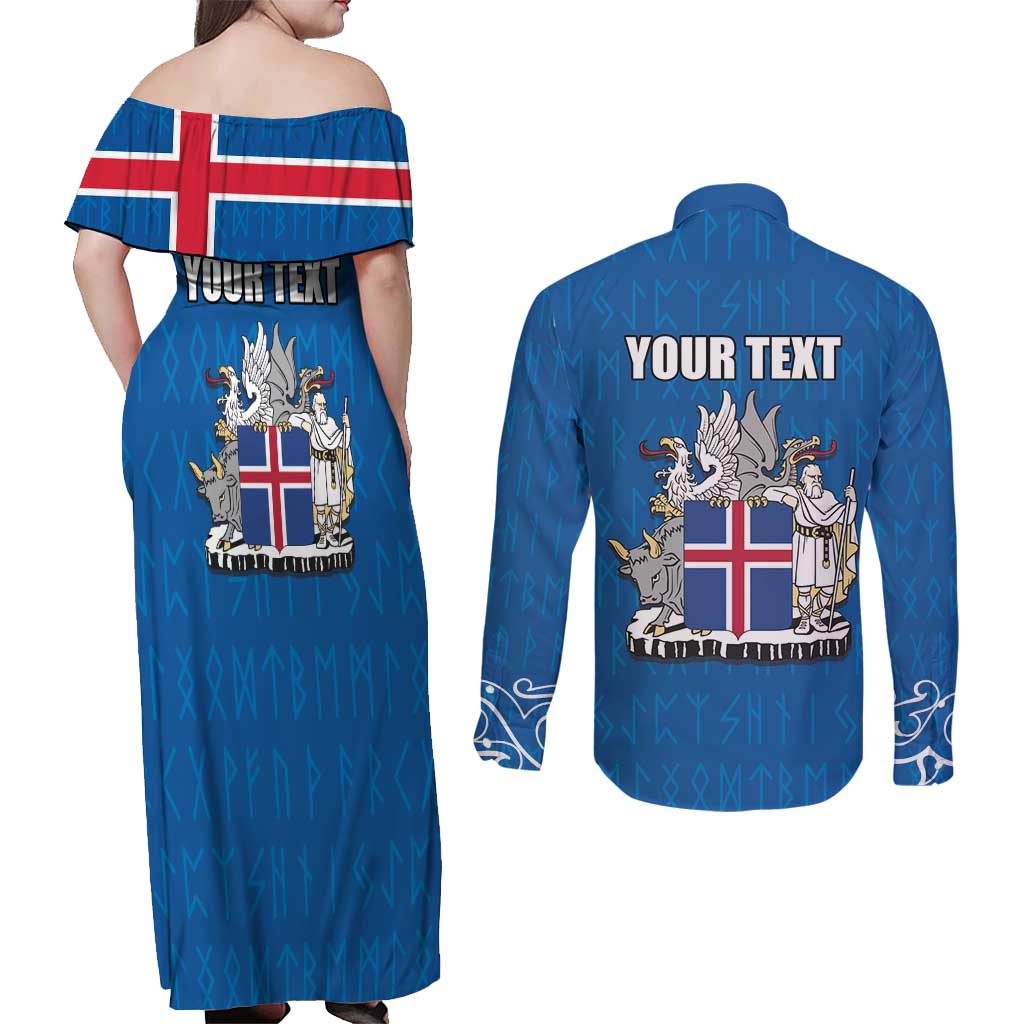 Personalized Iceland Coat of Arms Couples Matching Off Shoulder Maxi Dress and Long Sleeve Button Shirt Runic Alphabet Viking Runes Pattern